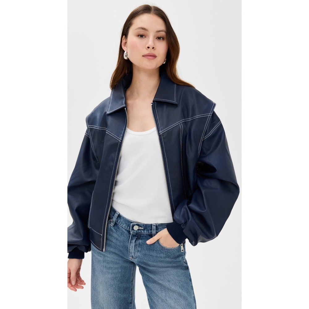 Lioness Vista Faux Leather Bomber Jacket Navy Blue Oversized Size Small